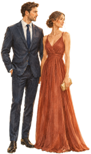 Ilustração em aquarela de um casal de convidados: ele de terno escuro e gravata, ela de vestido longo
